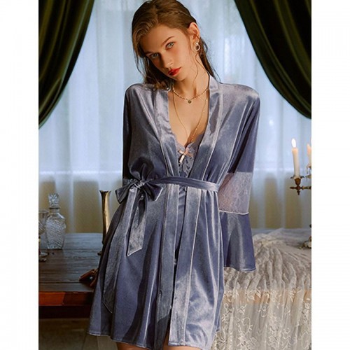 Velvet Lace Trim Slips With Robe Set